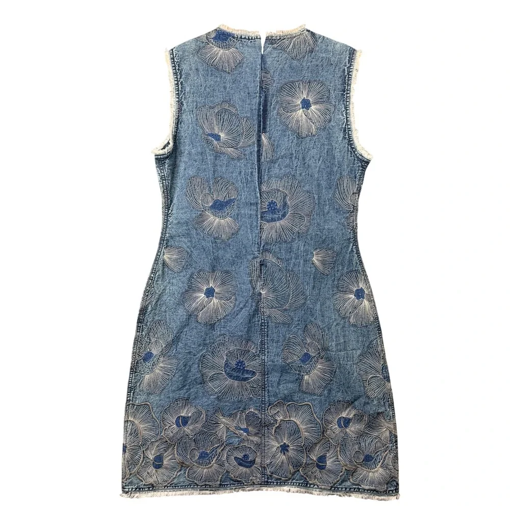 Conditions Apply Adesina Tunic Dress Small Blue Acid Wash Floral Embroidered NWT
